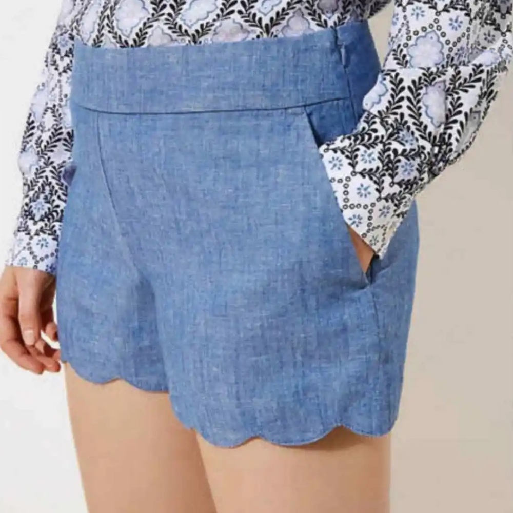 Ann Taylor Loft Women’s 12 Riviera Scallop Hem Shorts Chambray Linen Blend